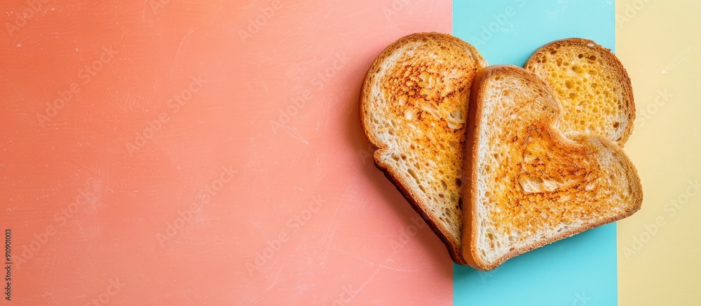 Poster Top view of heart shaped cut toast on a two tone background with space for additional images
