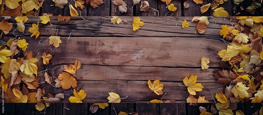 Leinwandbilder top down view of a vintage wooden table with a border of autumn leaves in yellow and orange hues cre