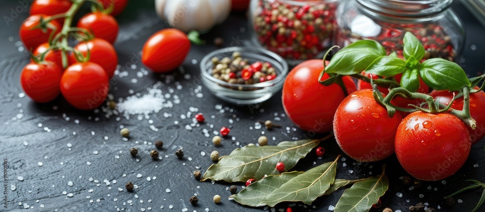 Poster Fresh tomatoes bay leaves salt pepper and red sauce spices on a dark table with a clear area for additional elements in the image