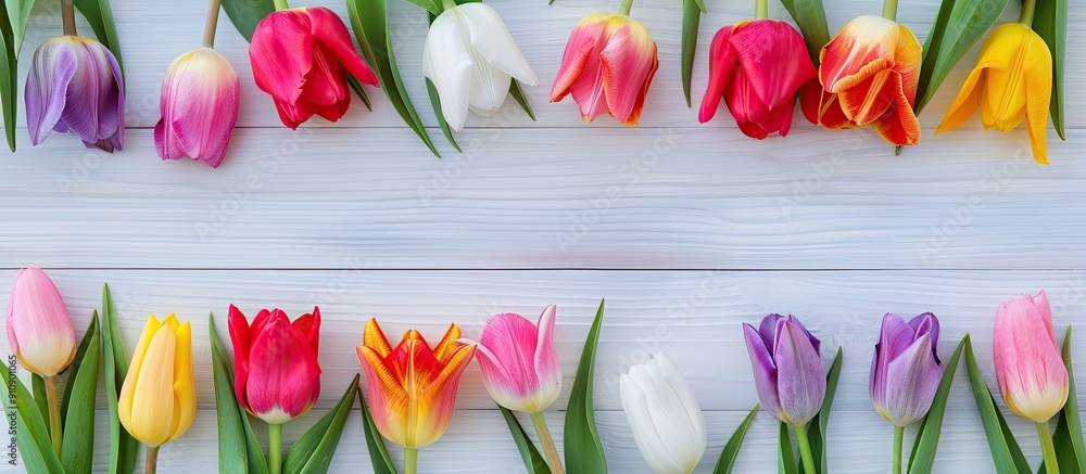 Poster spring themed holiday background featuring a colorful tulip frame on a white wooden surface suitable