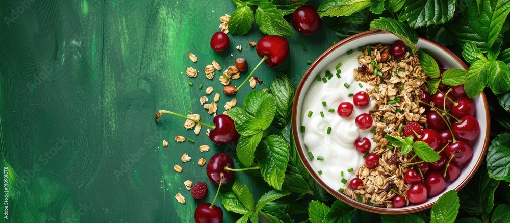 Poster vegetarian breakfast bowl with granola strawberries cherries nuts and yogurt set against a backdrop 
