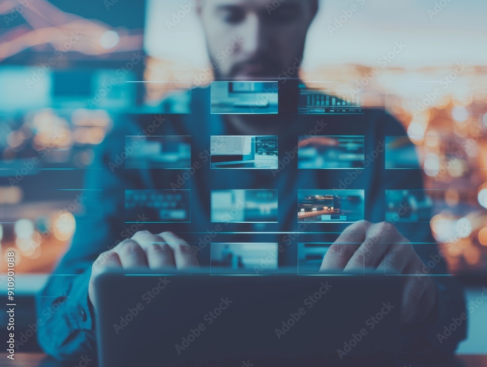 Poster focused man working on laptop with blurred cityscape and data visualization overlay - digital techno