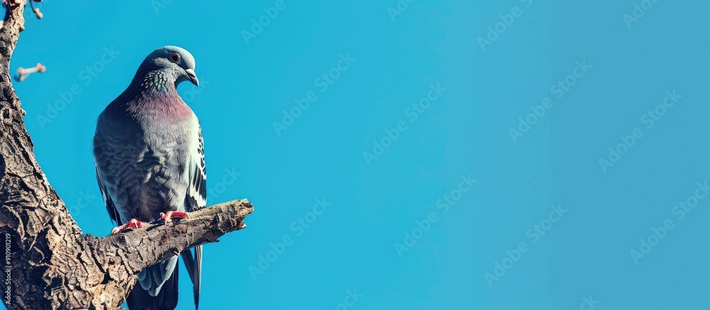 Poster pigeon perches on a tree gazing downward with a cute demeanor against a blue sky backdrop allowing f
