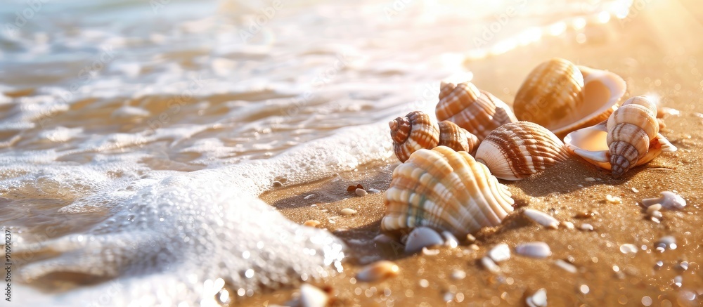 Poster seashells on sandy beach close up with copy space image