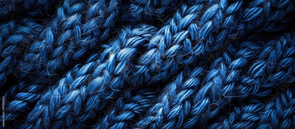 Poster Horizontal blue indigo knitted wool texture background pattern with selective focus and copy space image in a top view