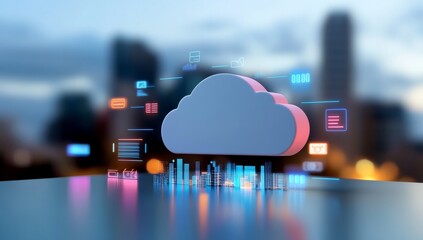 A cloud icon surrounded by digital icons representing various aspects of AI, such as data and machine learning