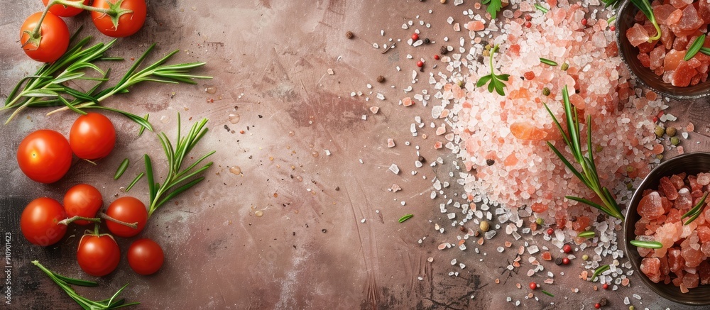 Poster background with copy space image featuring himalayan salt and ombalo herb promoting a healthy food c