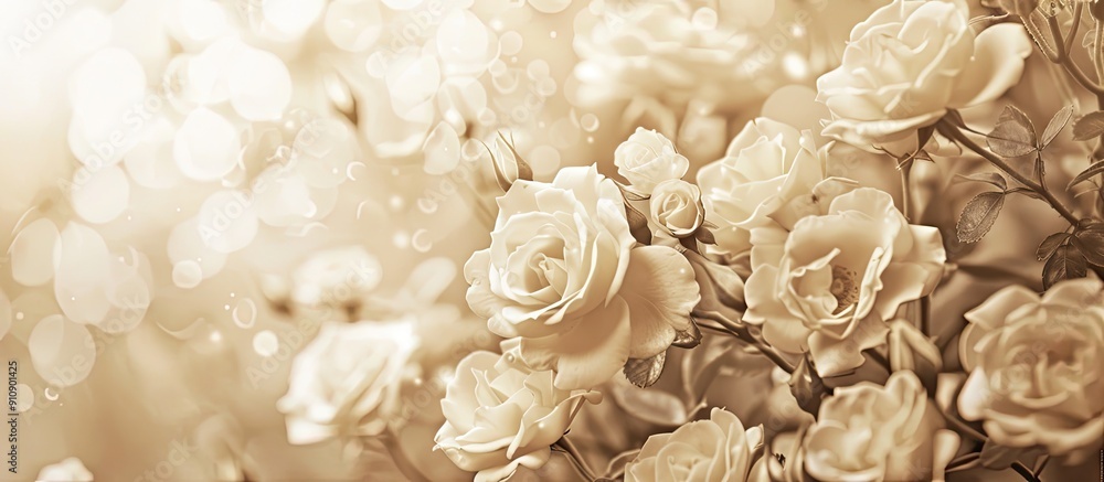 Aufkleber a festive floral backdrop featuring a bush of blooming white roses with a sepia toned image and room