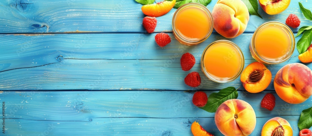 Poster flat lay of fresh fruits and natural peach juice on a blue wooden table with copy space image availa