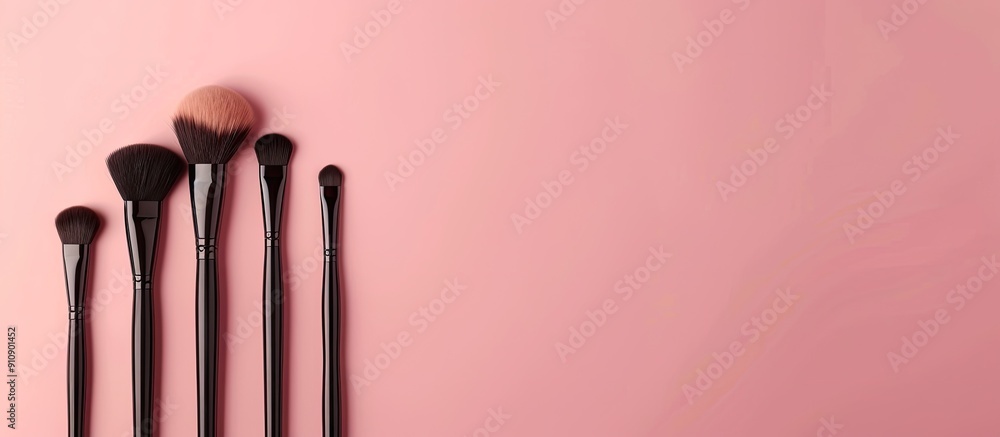 Poster Makeup brush set displayed along the bottom edge against a pink background for text or regulations featuring copy space image