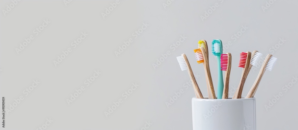 Aufkleber Toothbrushes in a container with a white background displaying copy space image