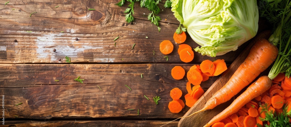 Aufkleber Fresh vegetables like chopped carrot and cabbage are arranged on a wooden cutting board in a rustic style top view ideal for a healthy food concept with copy space image