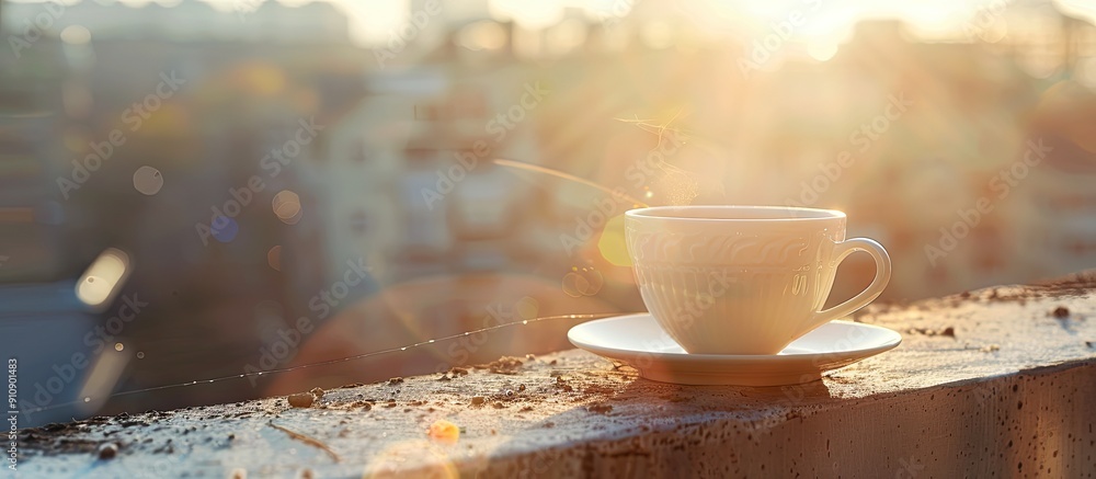 Poster white coffee cup on saucer with hot drink atop a residential building s roof beam in morning sunligh