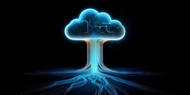 A cloud icon surrounded by digital icons representing various aspects of AI, such as data and machine learning