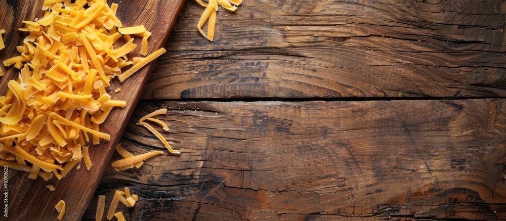 Poster Rustic wooden board with shredded sharp cheddar cheese viewed from below perfect for adding text Includes a copy space image