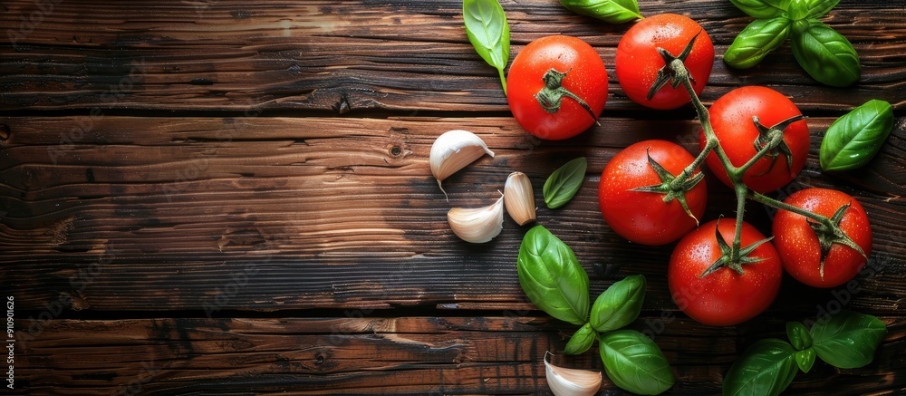 Poster italian cuisine ingredients like tomato basil and garlic on a dark wooden table top view with a spac