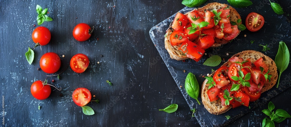 Poster toast topped with juicy tomatoes and aromatic oregano a delightful snack with a copy space image
