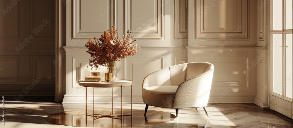 Poster living room design featuring a stylish table with a copy space image ideal for backdrop
