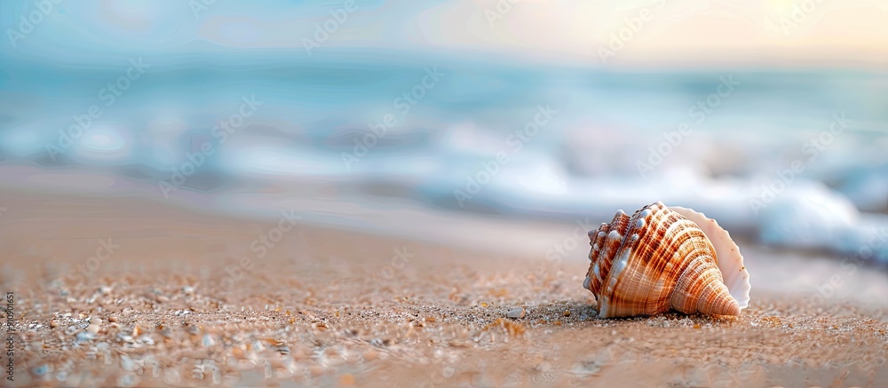 Poster focus on a seashell on the shore with copy space image