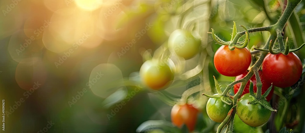 Poster natural red and green tomatoes on a branch in a homemade greenhouse with a blurry background ideal f