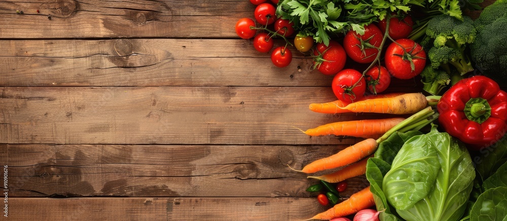 Poster Healthy organic vegetables displayed on a wooden table creating an appealing copy space image