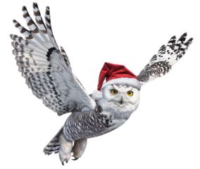 Majestic Snowy Owl in Flight Wearing a Santa Hat on Transparent Background, Ideal for Holiday Themes