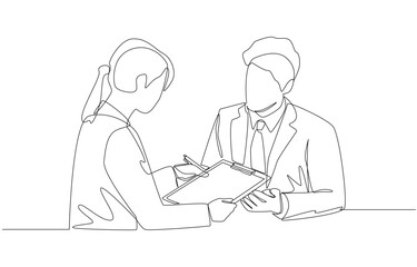 Continuous one line drawing of businesswoman presenting contract to client for signature, business contract concept, single line art.