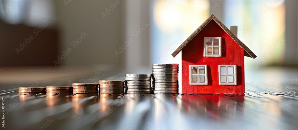 Aufkleber House model and row of coins symbolizing finance and banking with copy space image
