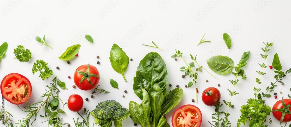 Poster healthy eating concept depicted with a selection of fresh vegetables and herbs on a white backdrop i