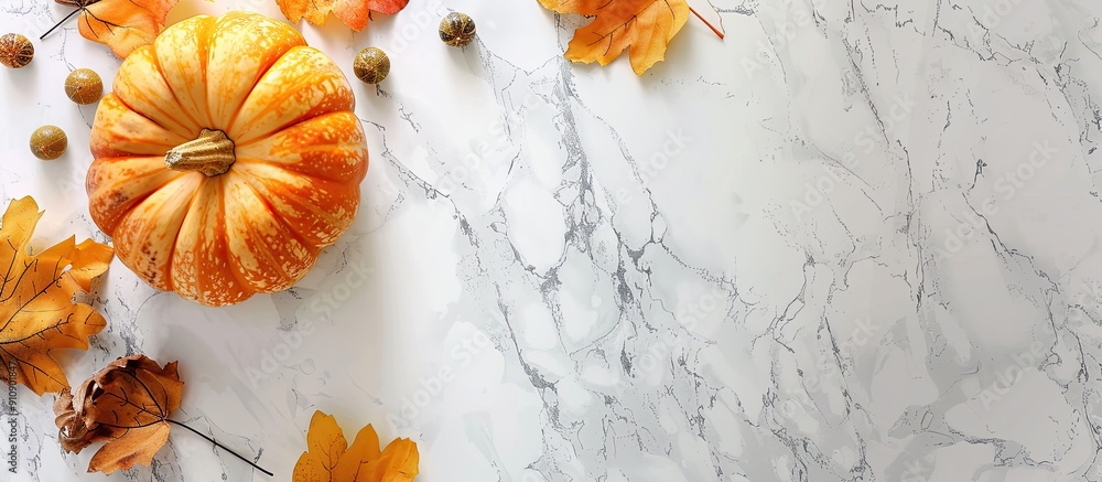 Poster Top down view of a pumpkin displayed on a white table with an autumn themed background featuring copy space for additional images