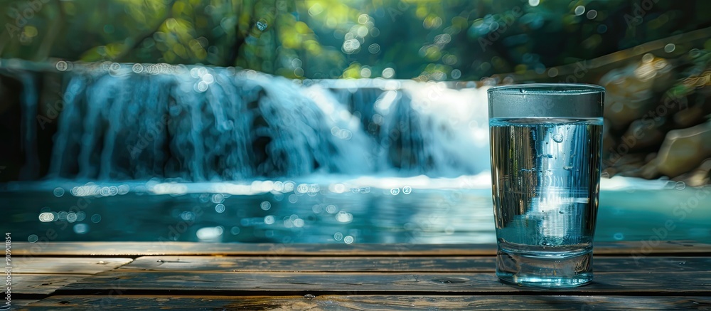 Poster wooden surface by a cascading waterfall with a glass of fresh water ideal for a copy space image