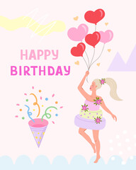 Happy birthday greeting card, woman with balloons. Vector Illustration for printing, backgrounds and packaging. Image can be used for posters, stickers and textile. Isolated on white background.