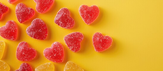 Valentine s Day themed Hearts candy on a bright yellow backdrop perfect for a romantic copy space image