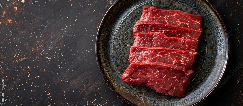 Aufkleber top view of a plate with a raw flank steak dark background with copy space image