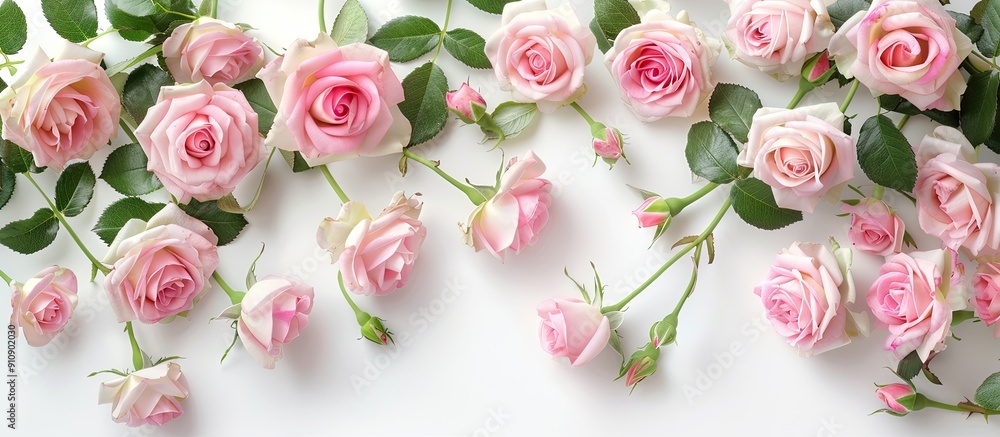 Poster top down view of pink roses on a white backdrop with room for text in a copy space image