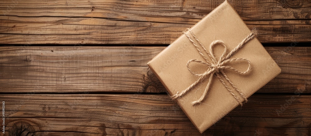 Poster gift box held in a top view perspective against a wooden background featuring decoration and a spaci