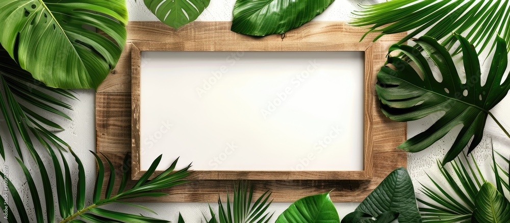 Poster a wooden frame surrounded by lush green leaves on a white background with copy space image