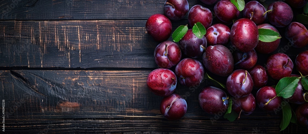 Poster ripe plums are spread out on a dark wooden table with a moody background soft lighting and space for