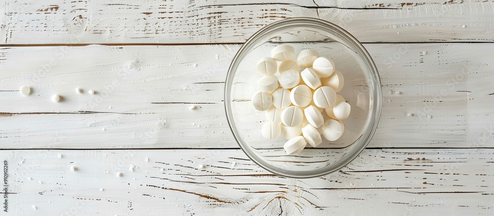 Poster glass dish with sugar coated pills placed on a white wooden surface creating a visually appealing co