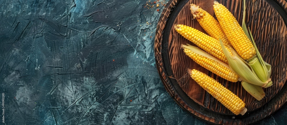 Poster elegant rustic style composition with raw baby corn on wooden board viewed from the top and side aga