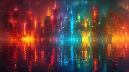 Fototapeta premium Abstract futuristic city skyline with vibrant neon lights reflecting on water.