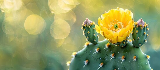 Yellow blossomed Opuntia polyacantha cactus with copy space image undergoing pollination
