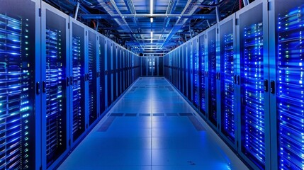 inside a magnificent data center with numerous servers and storage bays. The dominant color of the storage bays is blue, AI Generative
