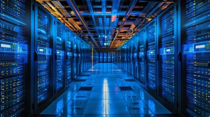 inside a magnificent data center with numerous servers and storage bays. The dominant color of the storage bays is blue, AI Generative