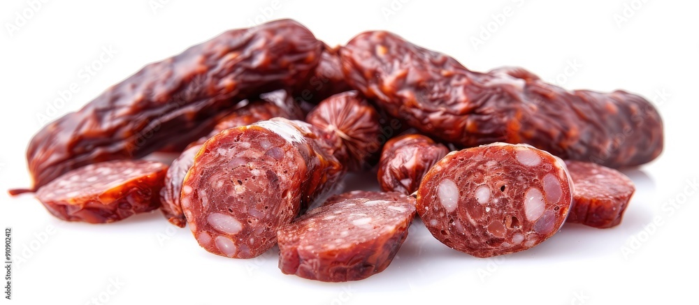 Poster a macro photo of isolated dried meat sausages on a white background with copy space image available