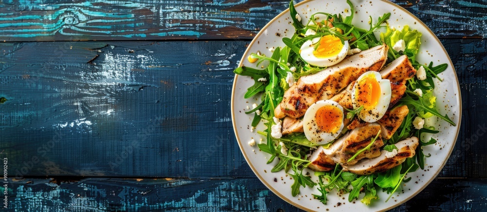 Poster Top down view of a traditional Caesar salad with grilled chicken and a sliced egg arranged on a white plate atop a rustic dark blue wooden surface with copy space image
