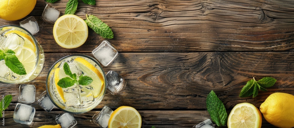 Aufkleber refreshing summer lemonade with lemon slices mint leaves and ice cubes in two glasses on a wooden su