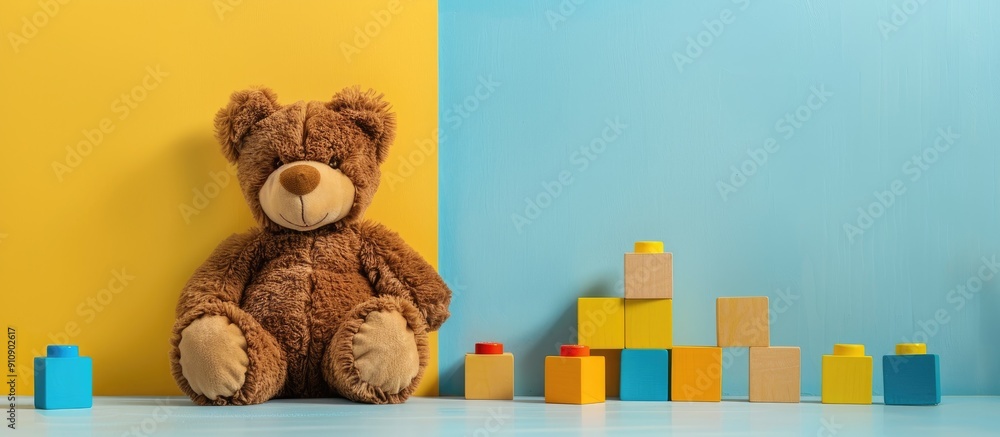 Poster Front view of a playful baby toys setup featuring a brown teddy bear and vibrant building blocks on a pastel yellow and blue backdrop with copy space image