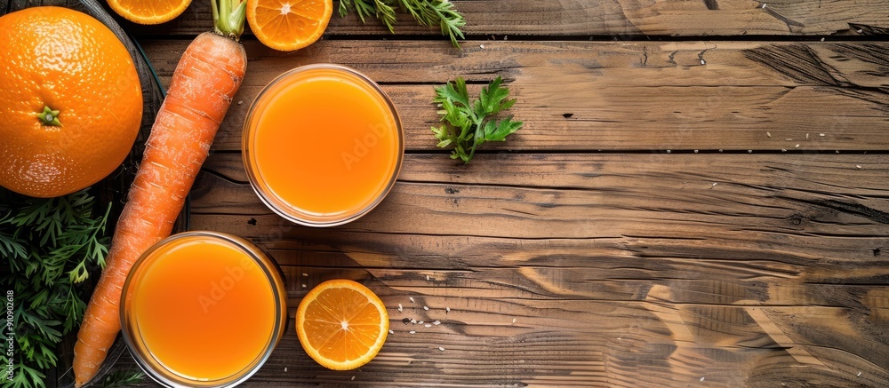 Poster wooden table with copy space image featuring orange juice and a carrot