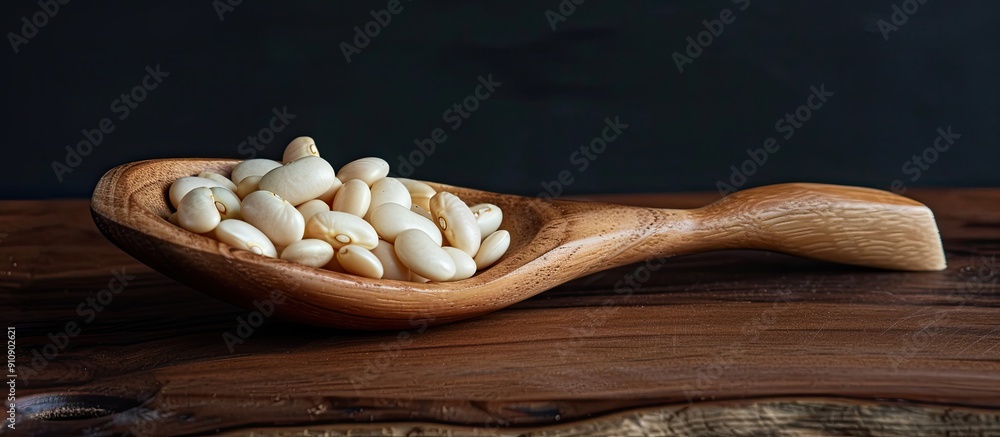 Poster a wooden spoon on a wooden table holding white beans in a close up image the spoon with beans is set